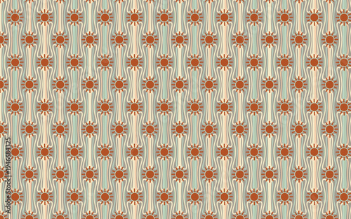 Seamless retro boho pattern with terracotta sun motifs and wavy lines