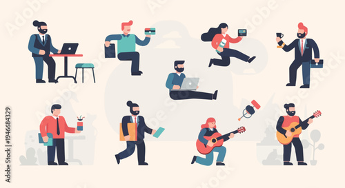 Diverse individuals engage in various work, leisure, and musical activities