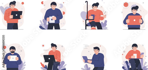 Diverse group of individuals engaged with various digital devices in stylized illustrations