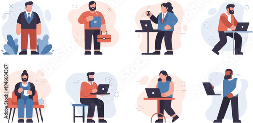 Diverse individuals engaged in modern work and leisure activities, often with laptops and drinks