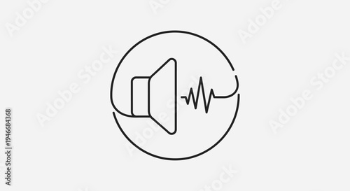 Clean Line Art Speaker Icon with Sound Waves in a Circle. Digital Audio Symbol, Volume Control, UI/UX Element