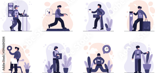 Diverse individuals engage in various activities, including work, fitness, and travel