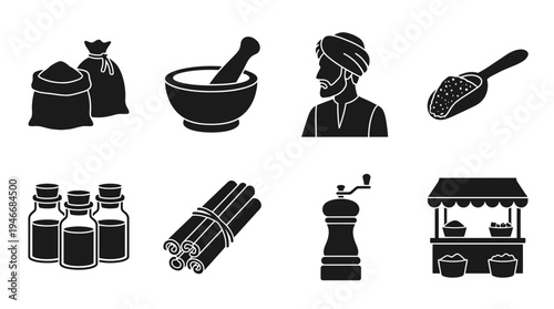 Spice Market Icons Vector – Culinary Ingredients, Tools, Vendor, Traditional Trade Graphic