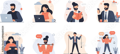 Diverse individuals engage in various daily activities, from work to fitness