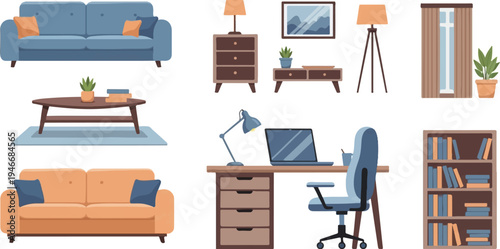 Collection of domestic furniture and office equipment for cozy home interiors