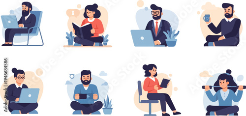 Diverse individuals engage in various work and leisure activities, using technology and reading