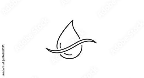 Minimalist black and white line art vector icon of a water drop with a flowing wave, symbolizing purity, hydration, and clean liquid
