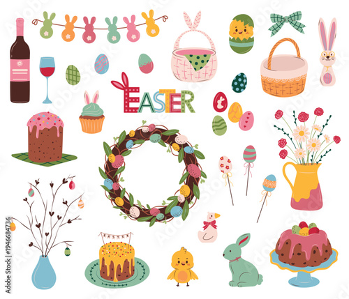 Large Easter elements collection with bunny, eggs, wreath, cakes and spring decorations set