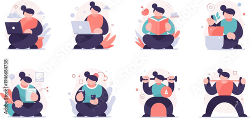 Diverse activities including work, reading, and fitness in a minimalist style