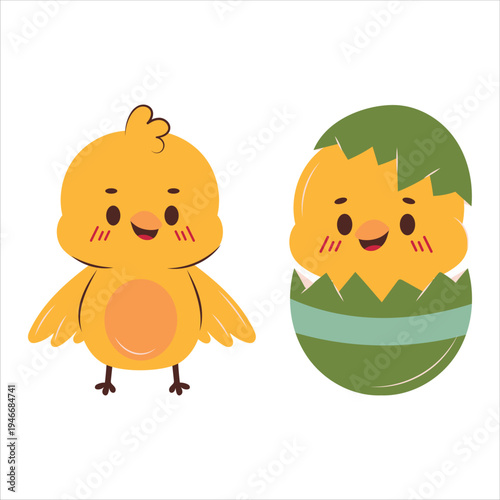 Cute Easter chick and decorated egg character set, spring holiday cartoon illustration