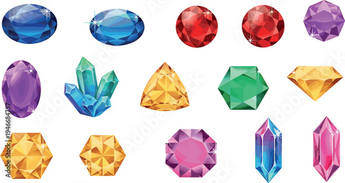 Colorful gemstone and crystal collection with faceted diamonds quartz minerals shiny jewel shapes luxury vector illustration set