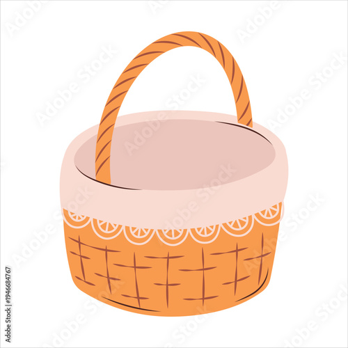 Empty Easter wicker basket with handle, spring holiday decoration container illustration