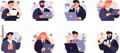 Diverse professionals engaged in various work activities with technology