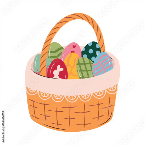 Easter basket with decorated eggs, traditional spring holiday wicker basket illustration