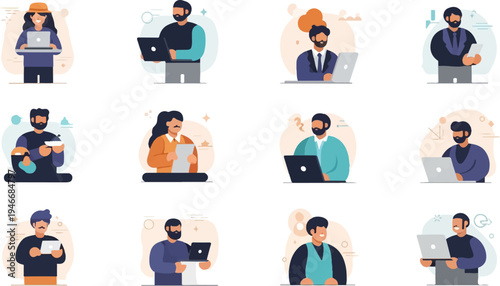 Diverse individuals engage with technology, working and communicating in modern settings