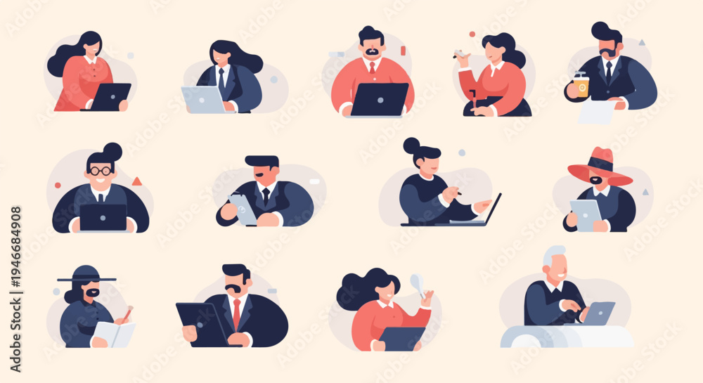 Fototapeta premium Diverse professionals engaged in various office tasks with digital devices (1)