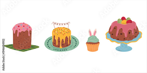 Traditional Easter cakes and cupcake set, festive dessert illustration collection