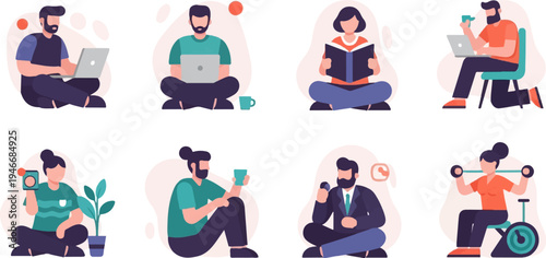 Diverse individuals engaged in various sedentary and active pursuits, set against abstract backgrounds