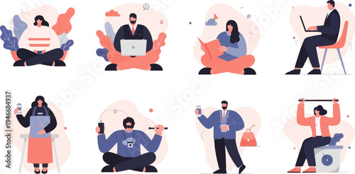Diverse people engaged in various activities like working, reading, and exercising (2)