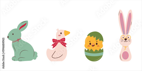 Cute Easter characters set with bunny, duck, chick in egg and rabbit illustration