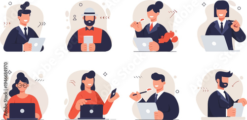 Diverse professionals engage in work with digital devices and creative tools