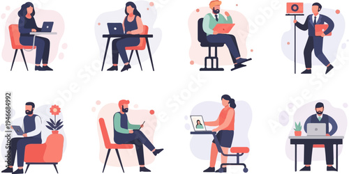 Diverse individuals working remotely with laptops and tablets, indoors