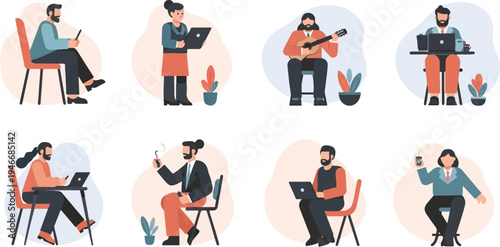 Diverse individuals engaged in various activities, including working on laptops and playing music