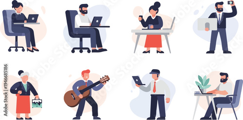 Diverse individuals engaged in various work and leisure activities, depicted in a flat illustration style