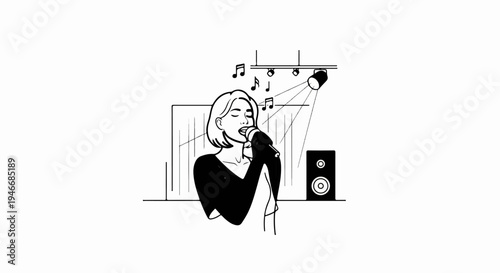 A woman sings into a microphone on stage under spotlights with music notes