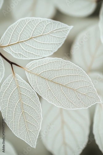 Close Up of Ethereal White Leaves with Delicate Veins Layered Against a Subtle Beige Backdrop