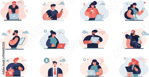 Diverse group of individuals using laptops and phones in a stylized manner
