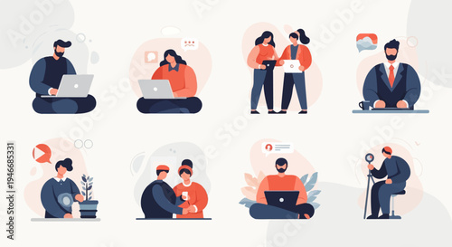 Diverse individuals engaged in various activities like remote work, collaboration, and personal pursuits