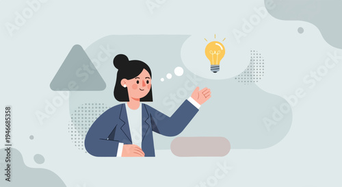 A woman in a suit has a bright idea, symbolized by a lightbulb