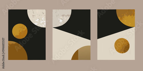 Abstract triptych featuring geometric shapes and a muted color palette