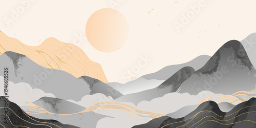 Abstract landscape with mountains clouds and a large sun illustration