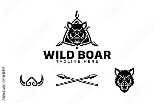 Wild boar head with spear modern logo design for hunting sport. Boar head retro badge logo design. Feral hog with crossed spears vintage patch element . Razorback boar, Wild swine vector illustration
