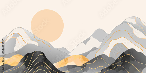 Abstract mountain landscape with a large peach colored sun