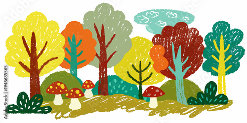 Colorful illustration of a forest with trees and vibrant mushrooms