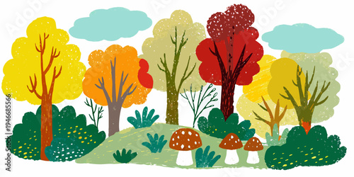 Whimsical autumn forest scene with colorful trees and spotted mushrooms