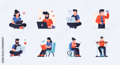 Diverse individuals engaging in various daily activities, from work to leisure and fitness