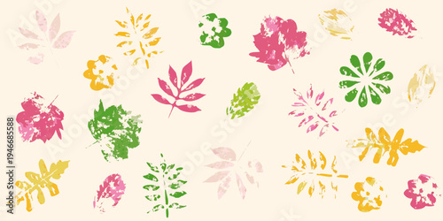 Colorful abstract leaf prints scattered across a light beige background