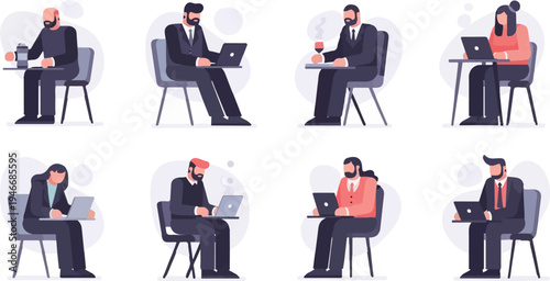 Diverse individuals working on laptops and enjoying drinks at tables