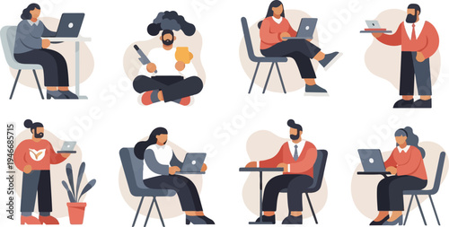 Diverse individuals working on laptops in various positions, some indoors