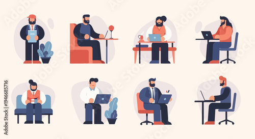 Diverse men in office settings, engaged in work with laptops, documents, and plants