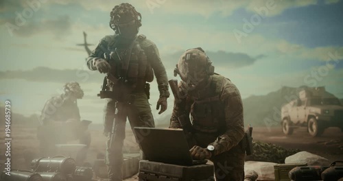 Special Forces Operators Using Laptop for Target Surveillance, Geolocation, Strike Coordination While a Helicopter and Armored Vehicle Support the Mission in a Middle East Combat War Military