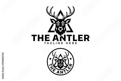 Antler deer head with triangle modern logo design for adventure. Stag head retro badge logo design for outdoor. Buck head strong vintage patch element for hunting. Vector illustration