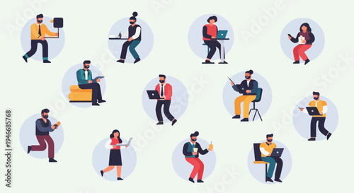 Diverse individuals engaged in various tasks with technology and drinks