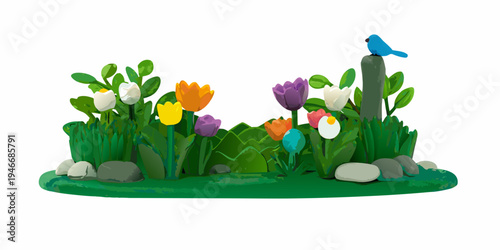 A colorful cartoon garden with tulips a bird and decorative stones