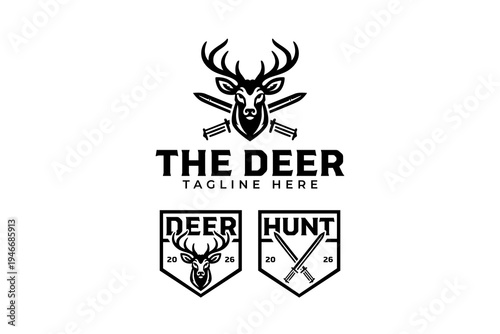 Deer head with sword crossed modern logo design for adventure. Antler stag head retro badge logo design for outdoor. Buck head strong vintage patch element for hunting. Whitetail deer illustration