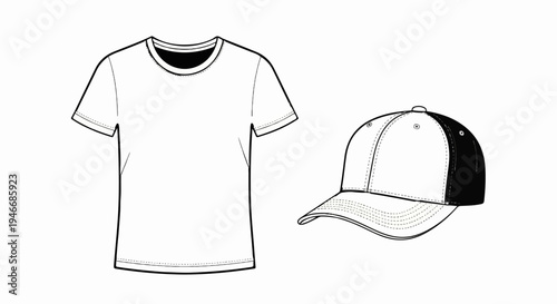 A white t-shirt and a two-tone baseball cap are presented in a flat lay graphic design